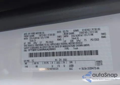 2024 Ford Transit-250 from USA, damaged, VIN 1FTBR1C85RKA25063